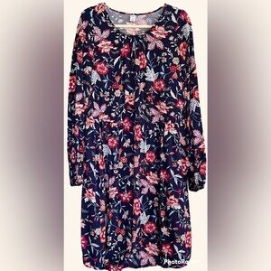 OLD NAVY Navy Blue Floral Dress w/gathered waist, Size Medium Tall, GUC.